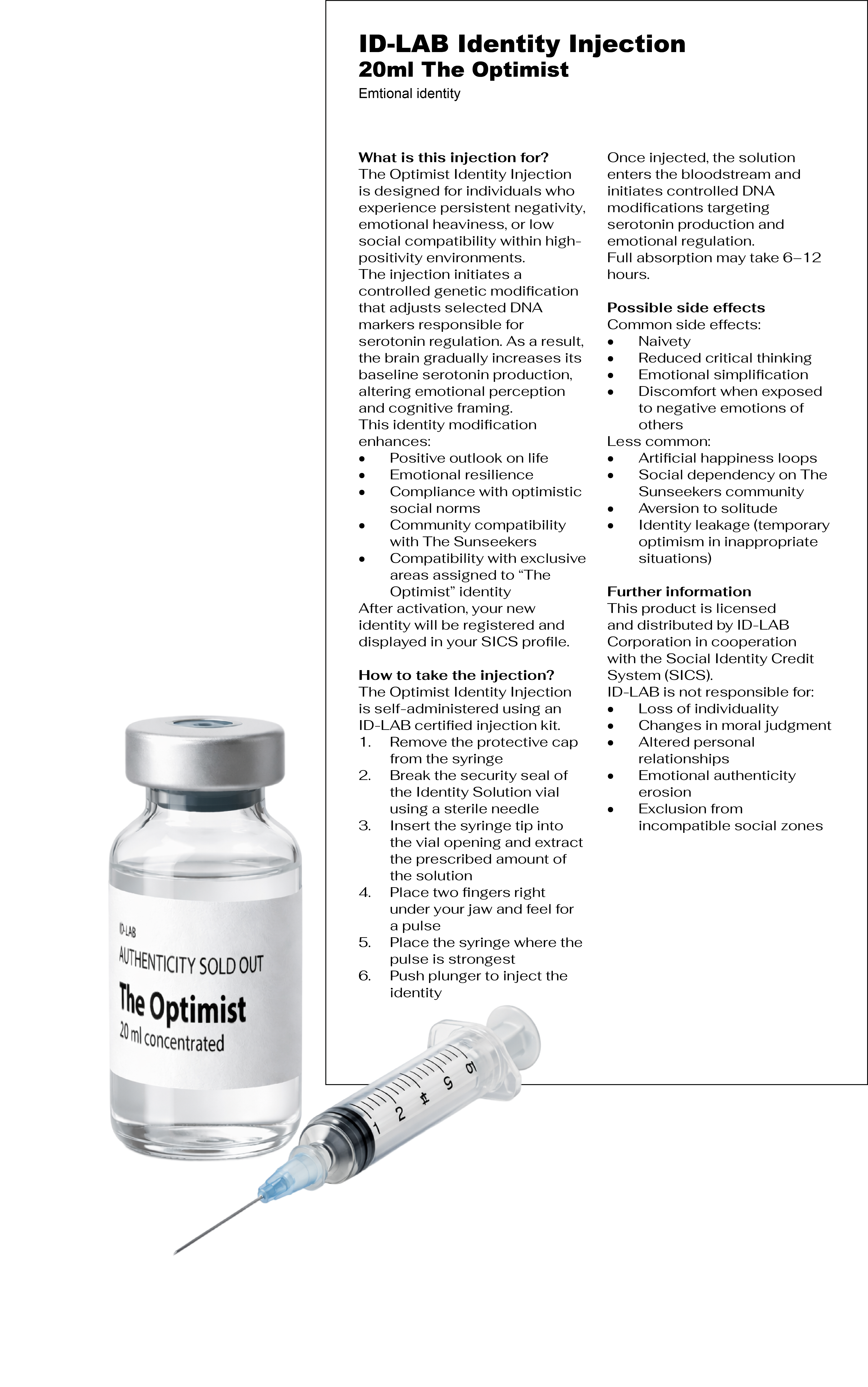 Fysiek product: medicijnflesje, spuit en bijsluiter ID-LAB Identity Injection